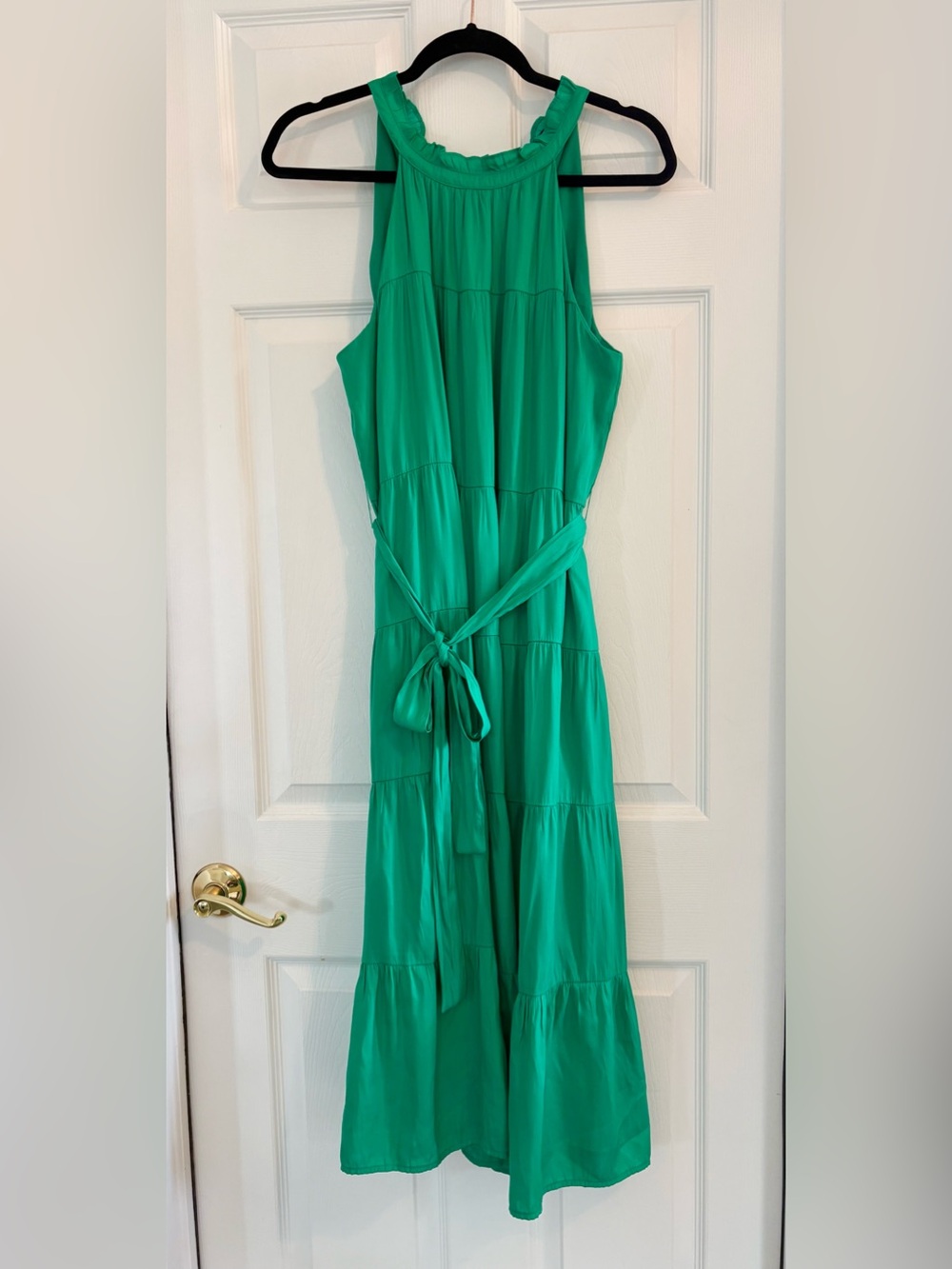 ANTHROPOLOGIE SKIES ARE BLUE MIDI HALTER DRESS SZ M GREEN TIERS RUFFLES TIES